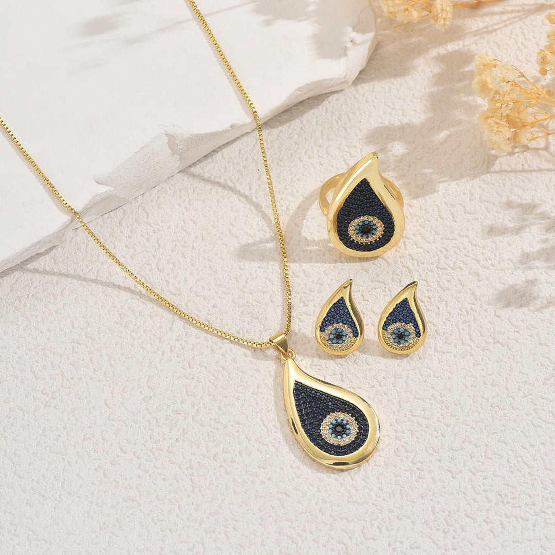 Best Selling Cross-border Women Jewelry Set, Unique Hip Hop Evil Eye Design Matching Earrings, Long Pendant Necklace & Ring, Premium Versatile Daily Ornaments For Ladies
