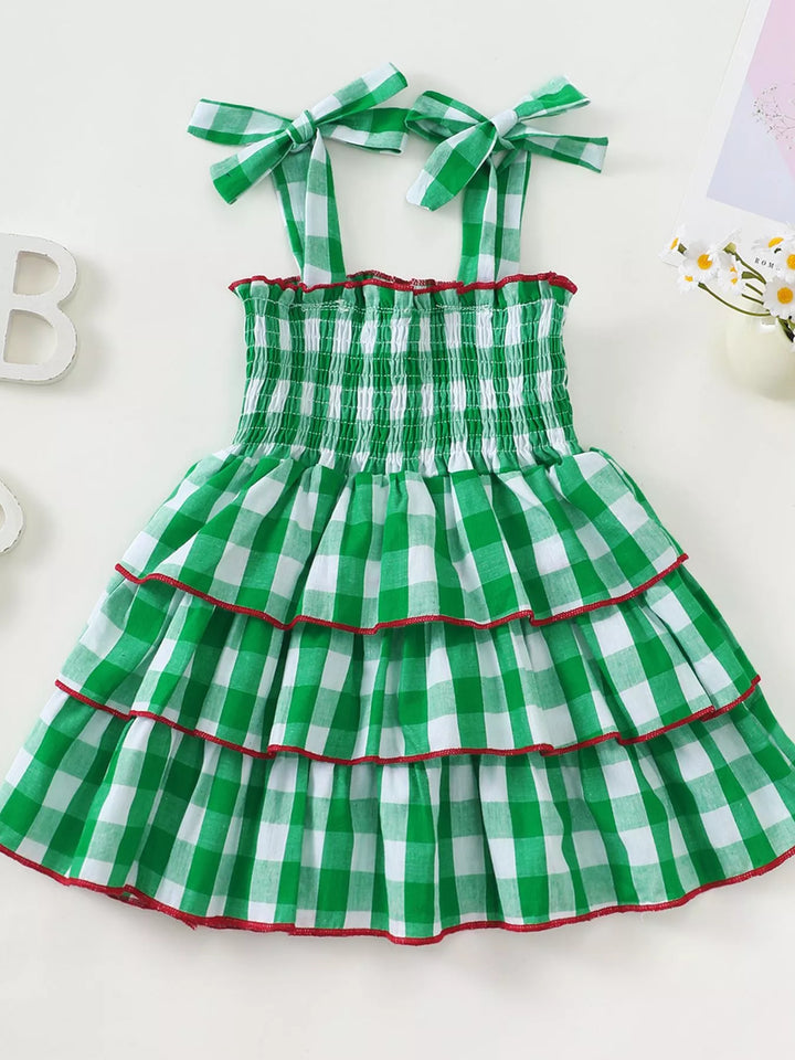 Children's Gingham Tiered Dress with Bow Tie Straps