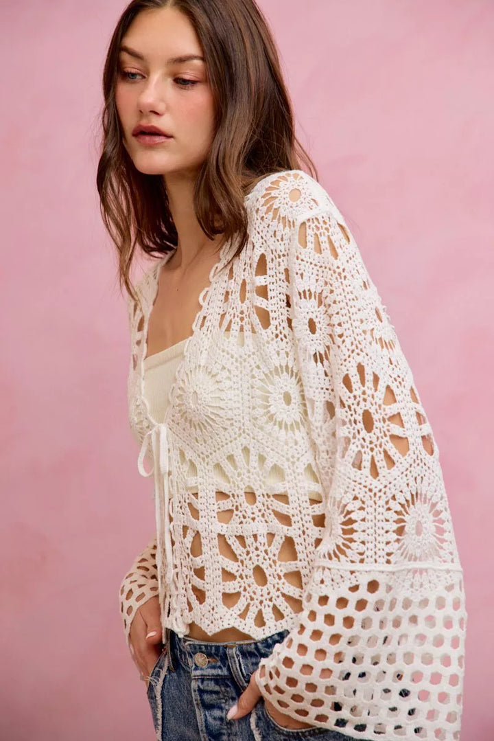 SO ME Floral Pattern Crochet Knit Tie Front Crop Cardigan