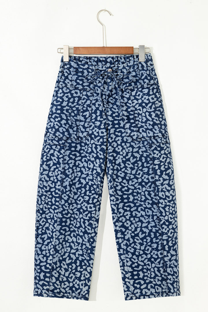 Blue Leopard Printed Drawstring Elastic Waistband Pocketed Wide Leg Jeans