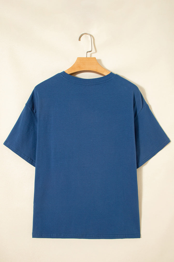 Sail Blue Color Block Chest Pocket Patched Casual Short Sleeve Top