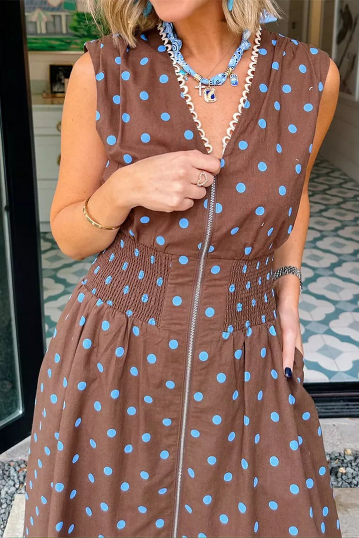 Polka Dot Zipper Front Midi Dress