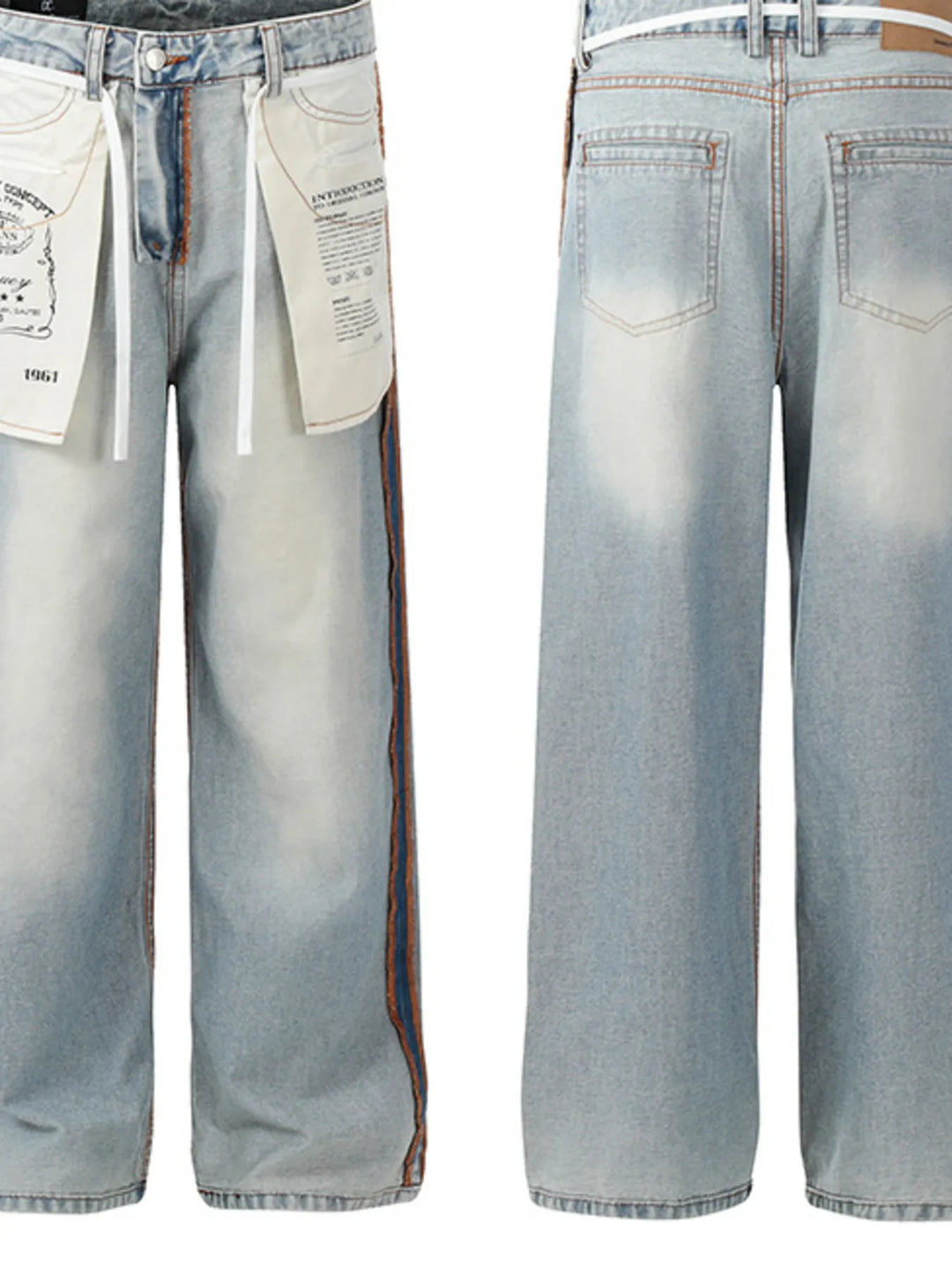 Men's Wide-Leg Jeans with Contrast Side Stripes and Decorative Patches