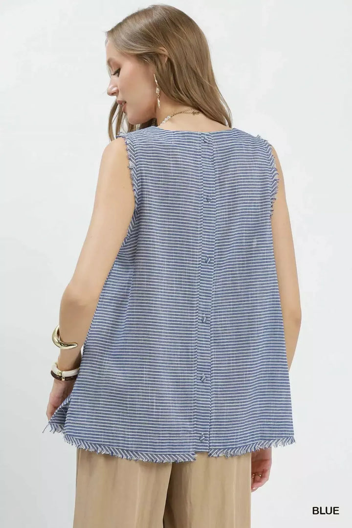 Umgee Stripe Fringe Trim Sleeveless Top