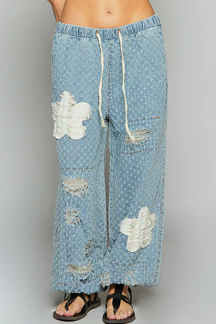POL Floral Patch Washed Textured Twill Pants with Crochet See Thru Patch