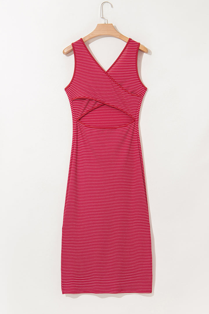 Red Stripe Criss Cross Side Slits Slim Fit Sleeveless Midi Dress
