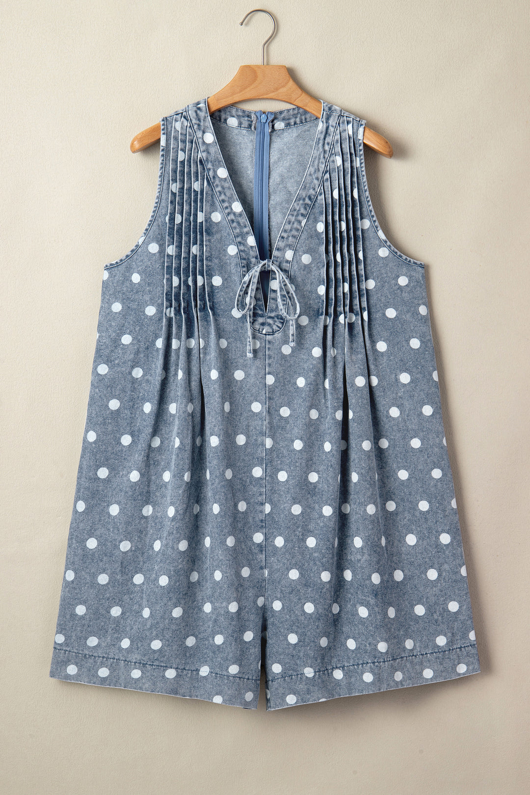 Sky Blue Polka Dot Print Tie V Neck Pleated Loose Denim Romper
