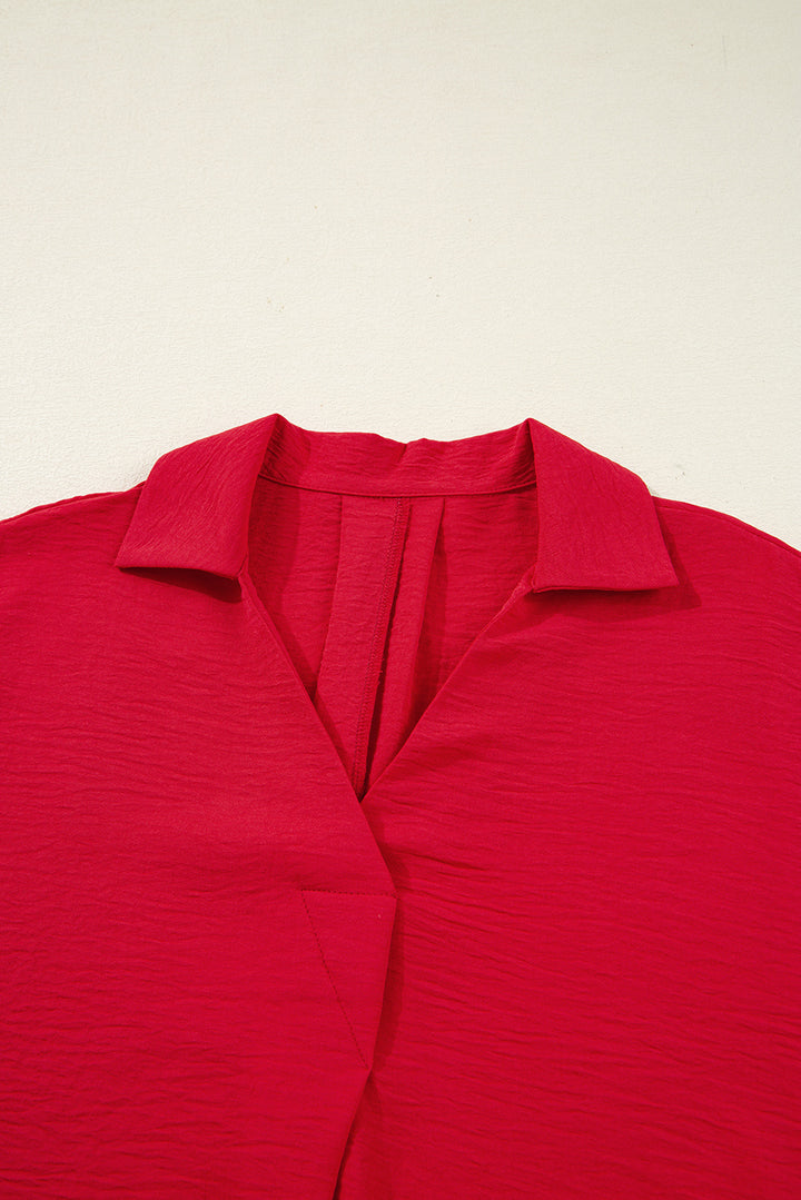 Fiery Red V Neck Collared Shirred 3/4 Sleeve Oversized Tunic Top