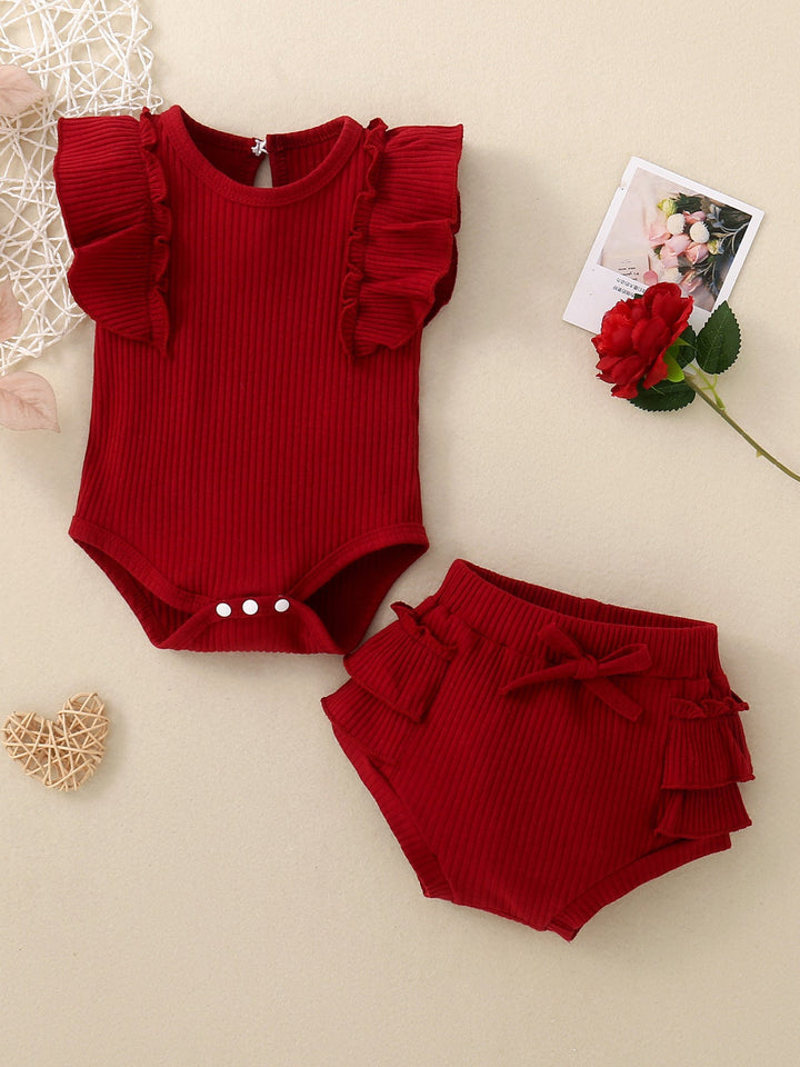 Children's Ribbed Ruffle Trim Bodysuit & Shorts Set