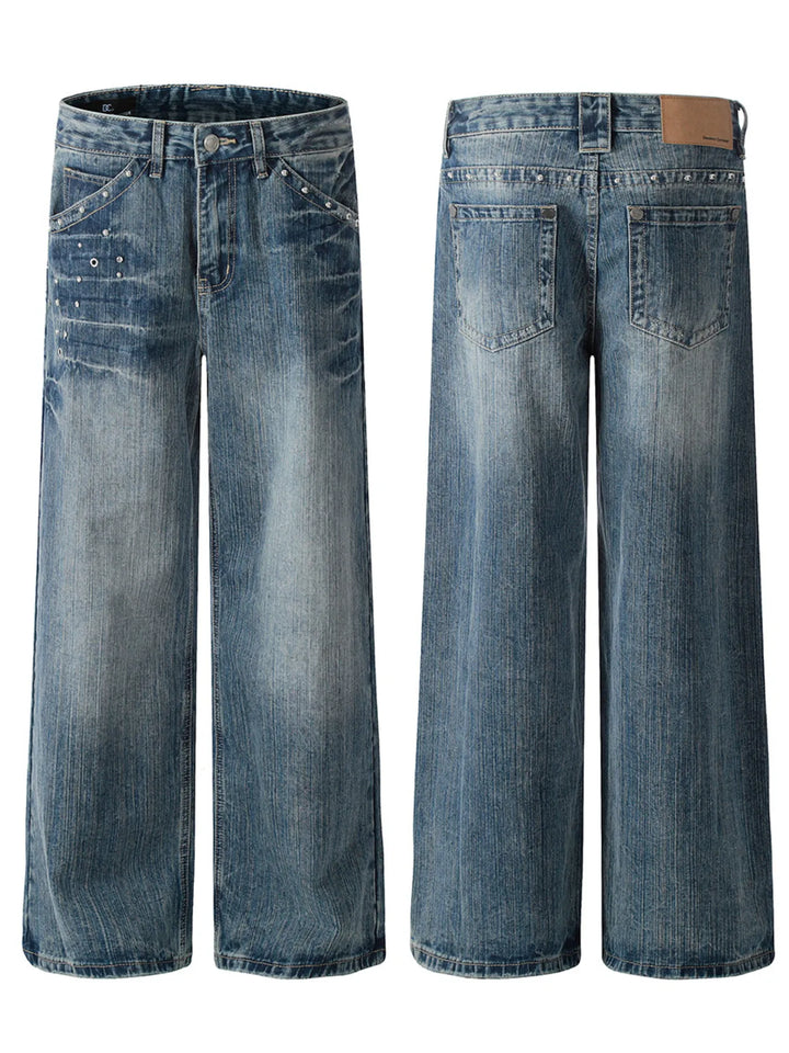 Men's Washed Straight Jeans with Studded Decor