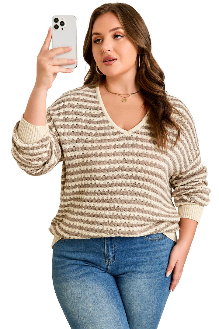 Khaki Stripe Plus Size V Neck Drop Shoulder Sweater