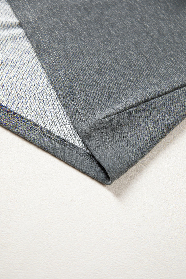 Carbon Grey Denim Color Block Patchwork Shirt Collar Short Sleeve Blouse