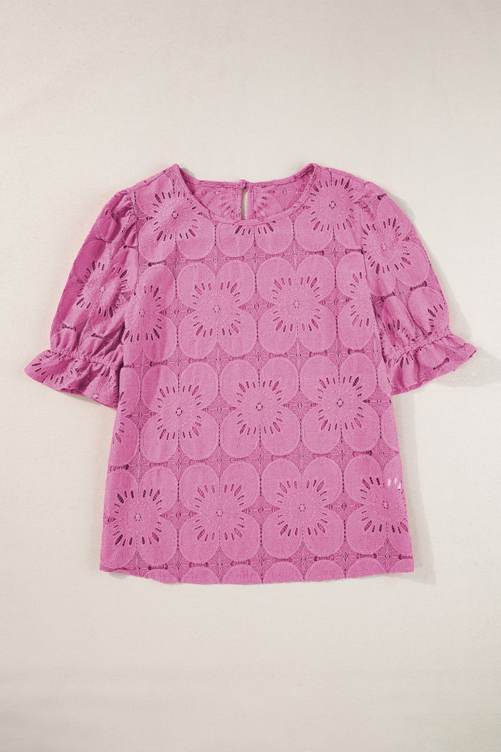 Bright Pink Flower Eyelet Jacquard Keyhole Flounce Sleeve Top
