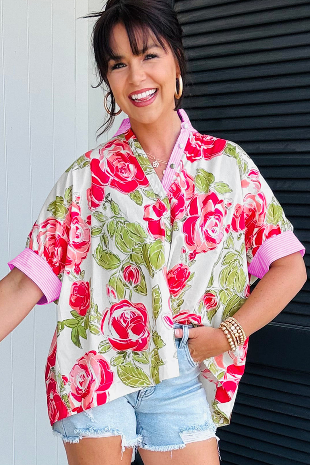 Pink Flower Print Striped Trim Frilled Collar Short Sleeve Shirt