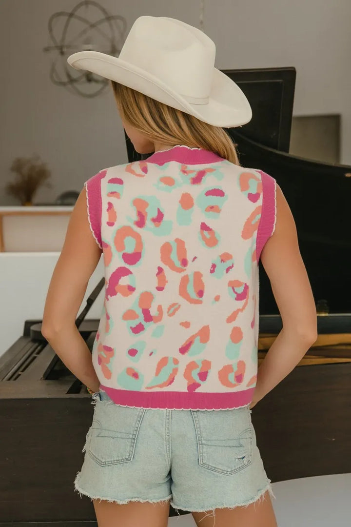 BiBi Leopard Sweater Vest With Front Tie and Scallop Detail