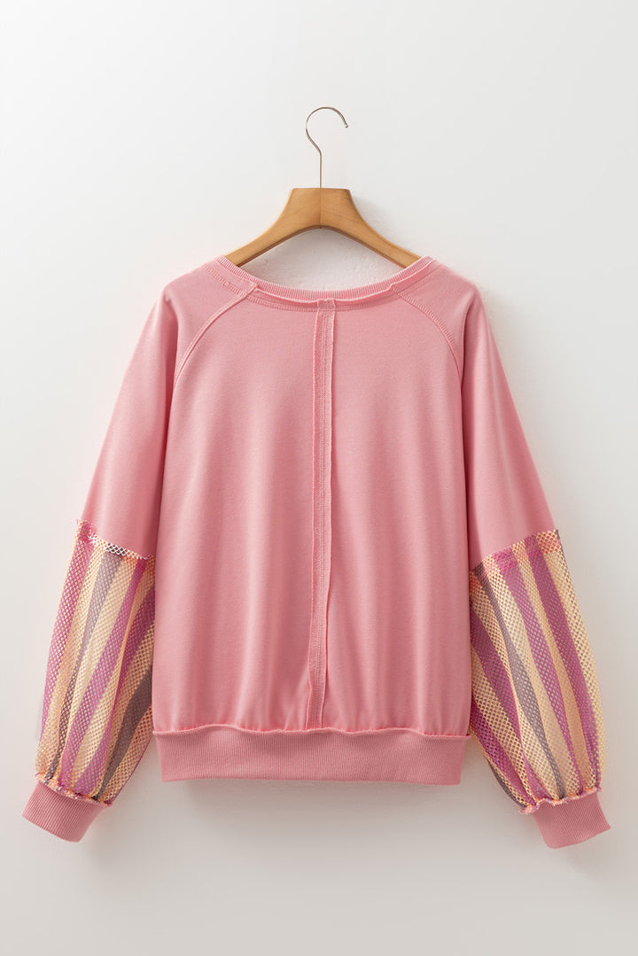Blossom Striped Mesh Sleeve Patchwork Exposed Seam Casual Pullover Top