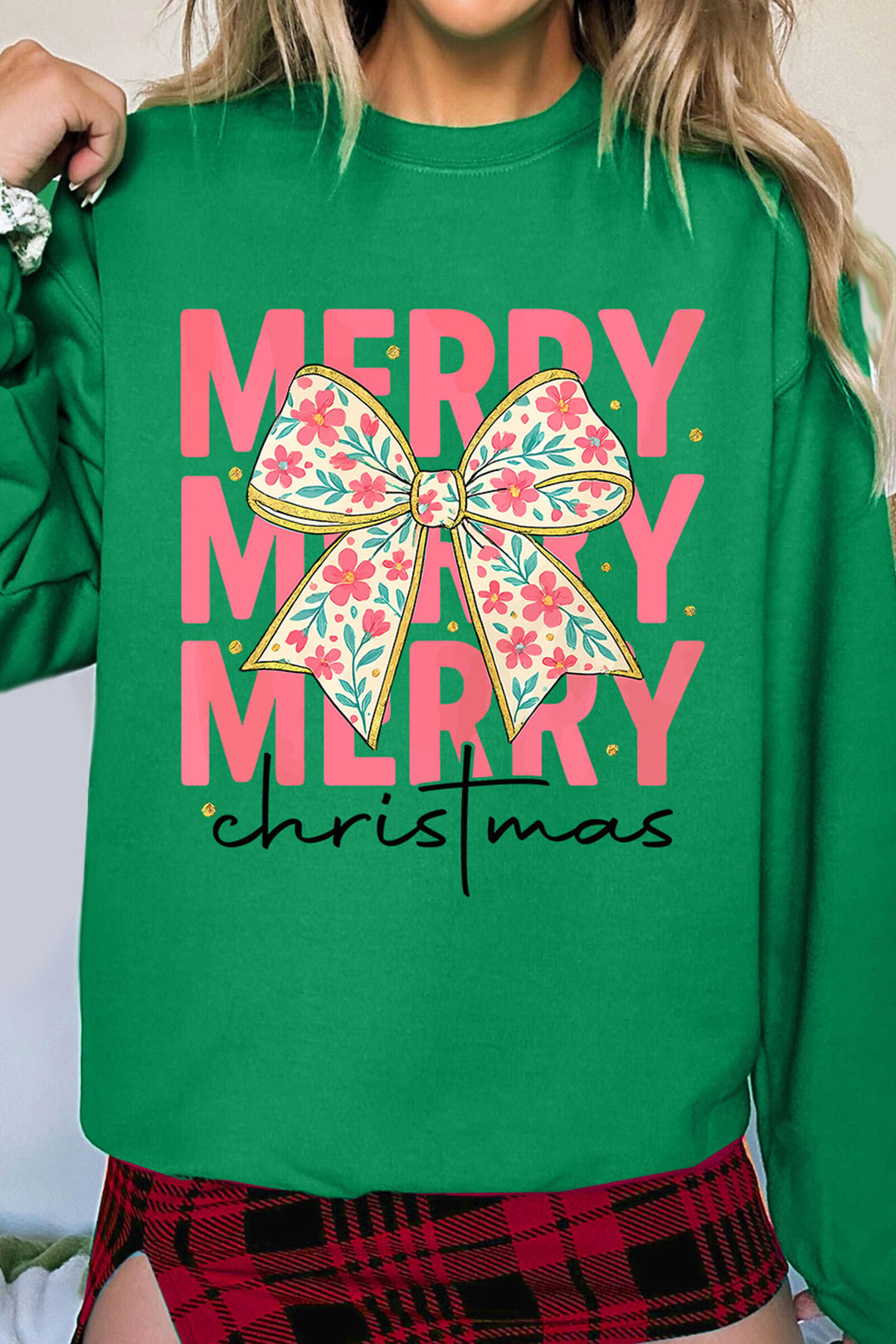 Dark Green MERRY Christmas Floral Bow Graphic Drop Shoulder Sweatshirt