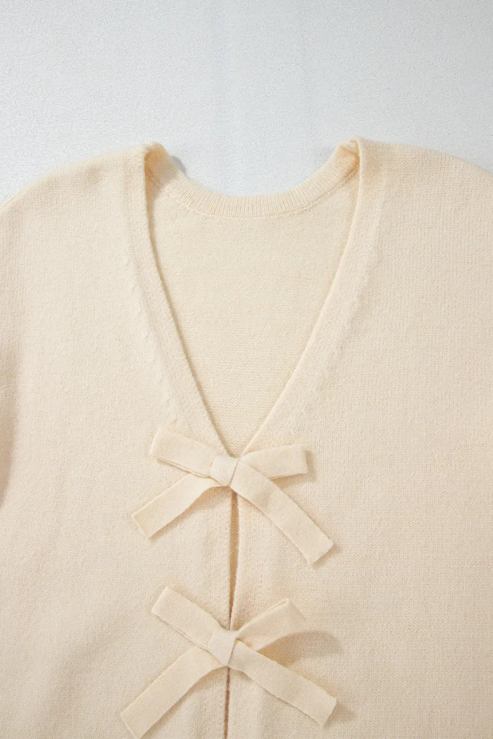 Bowknot Front V Neck Long Sleeve Sweater