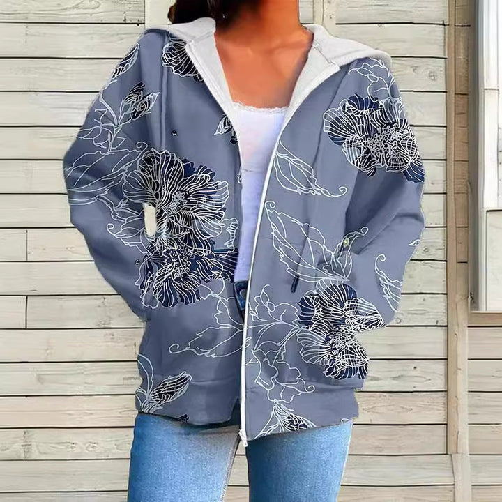 Womens Fashionable Casual Printed Zip-Up Hoodie