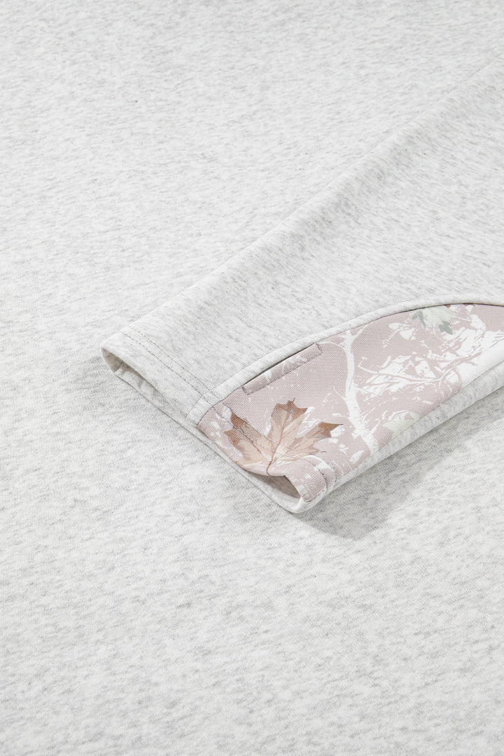 Gray Camo Leaves Patchwork Zipped Collar Pullover Plus Size Sweatshirt