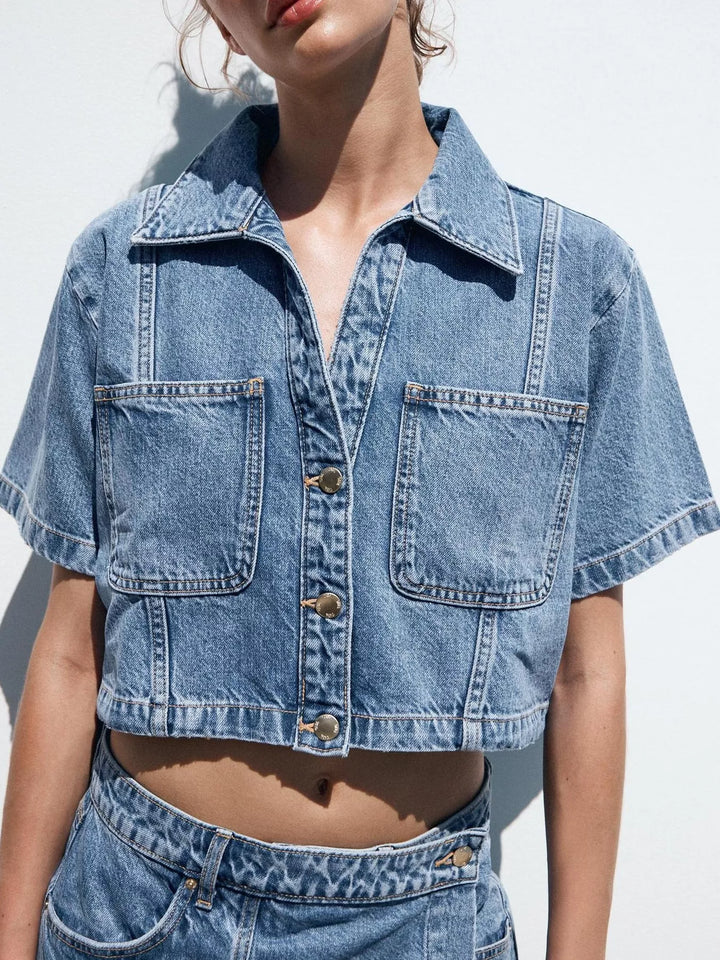 Button Up Short Sleeve Top and Skort Denim Set
