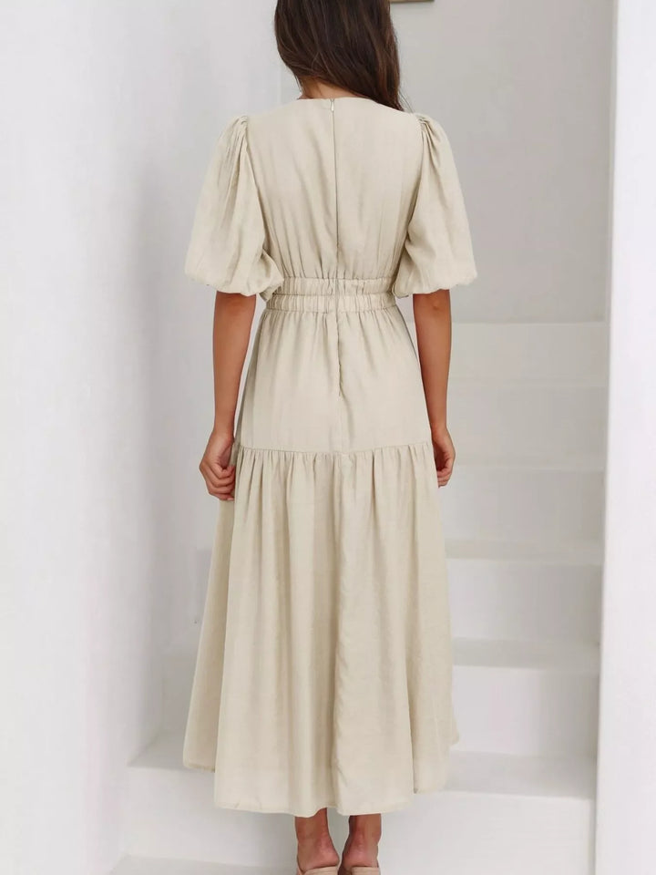 V-Neck Puff Sleeve Midi Dress