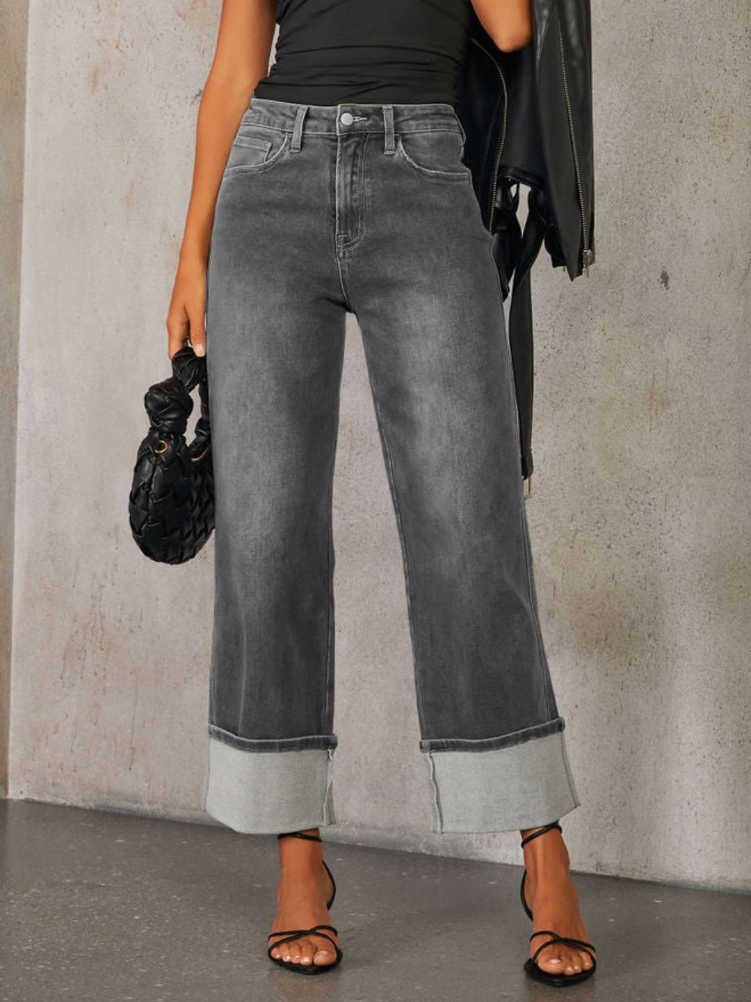 High Waisted Straight Leg Rolled Jeans