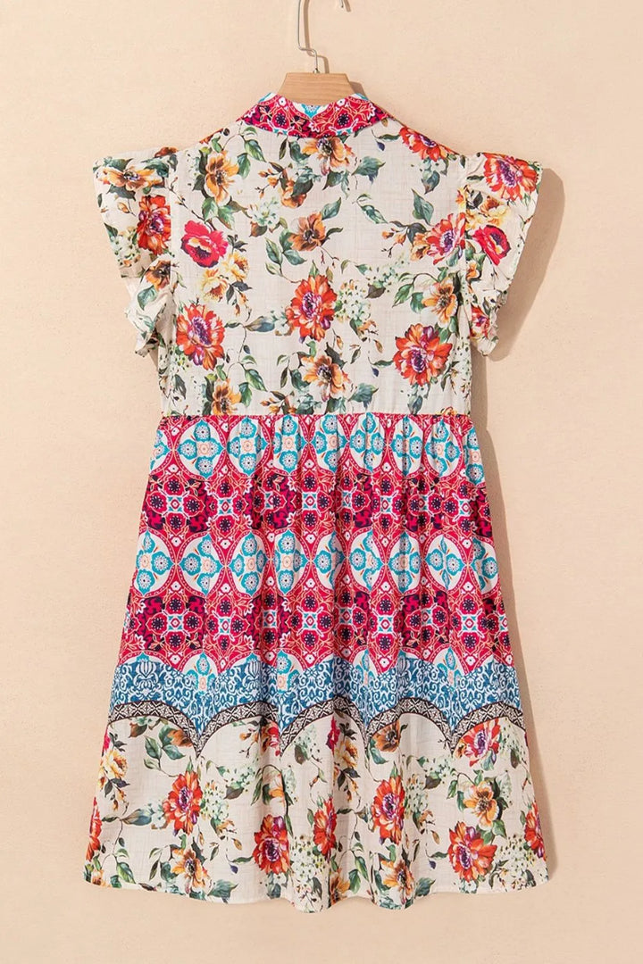 Floral Mixed Pattern Ruffle Flutter Sleeve Buttoned Dress
