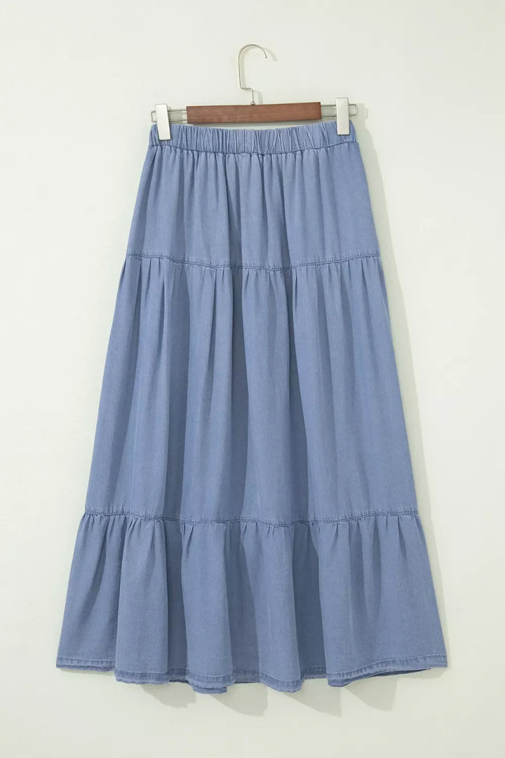 Elastic Waist Ruffled Tiered Flared Denim Maxi Skirt