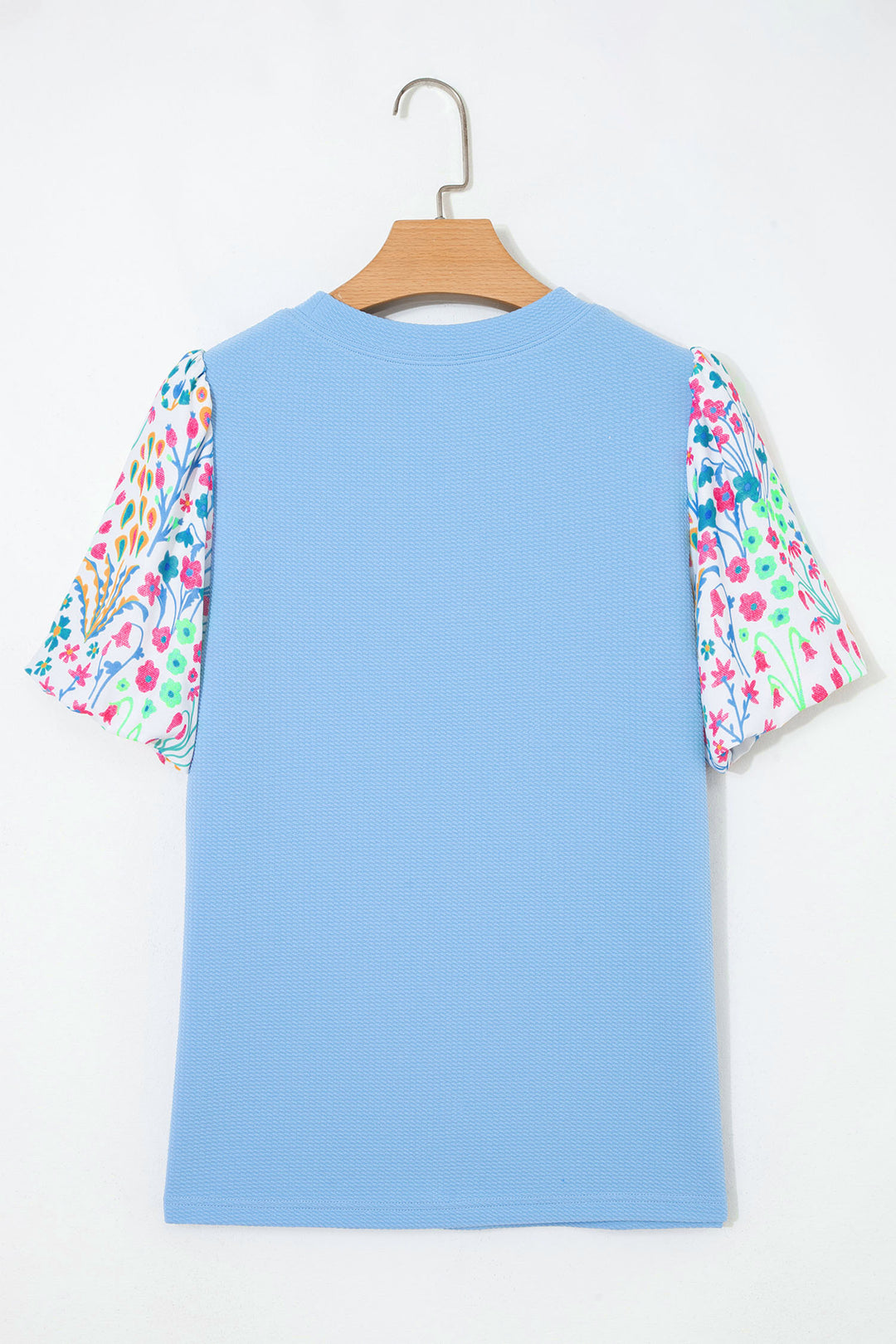 Light Blue Textured Bodice Contrast Floral Sleeve Plus Size Top