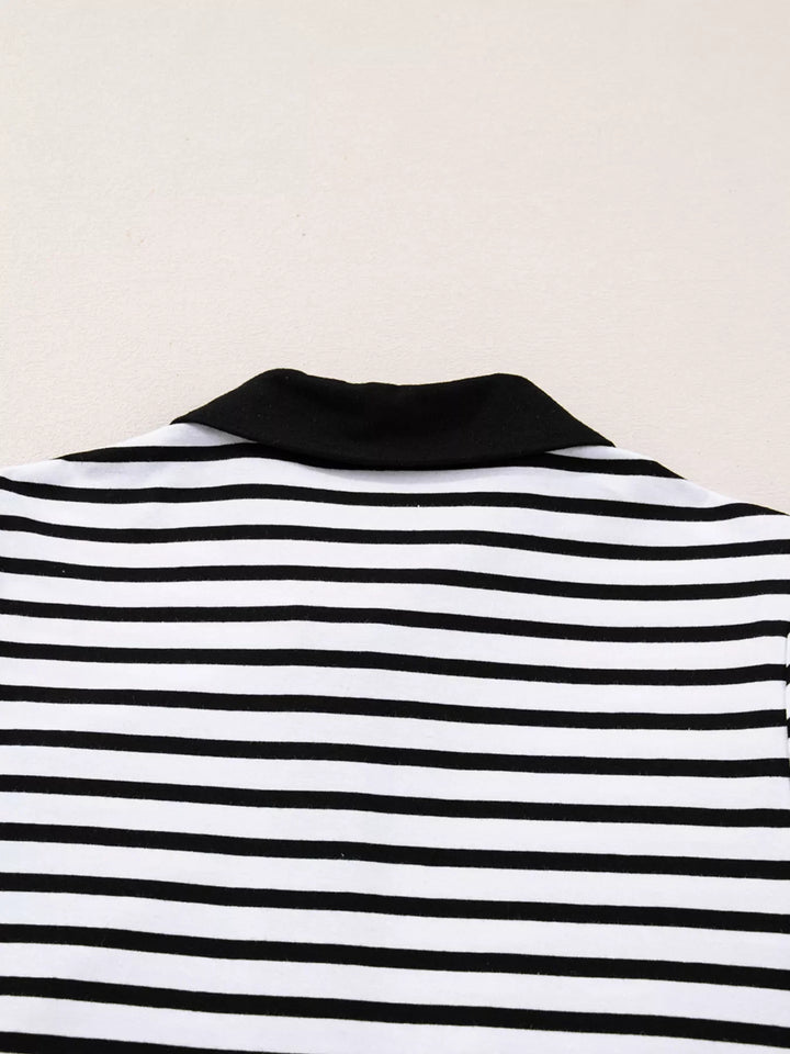 Stripe Buttoned Front Collared Long Sleeve T Shirt Dress with Pockets