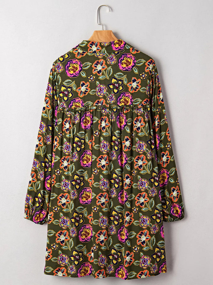 Floral Print Split Neck Bubble Sleeve Shift Mini Dress