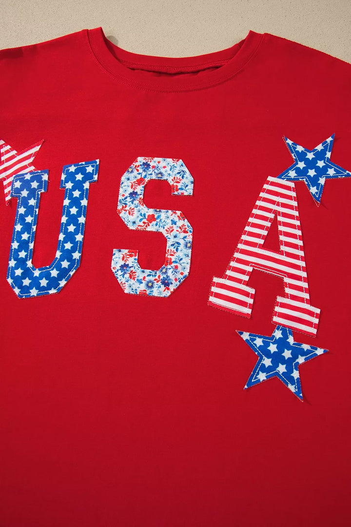 Patriotic USA Slogan Patch Embroidery Short Sleeve T Shirt