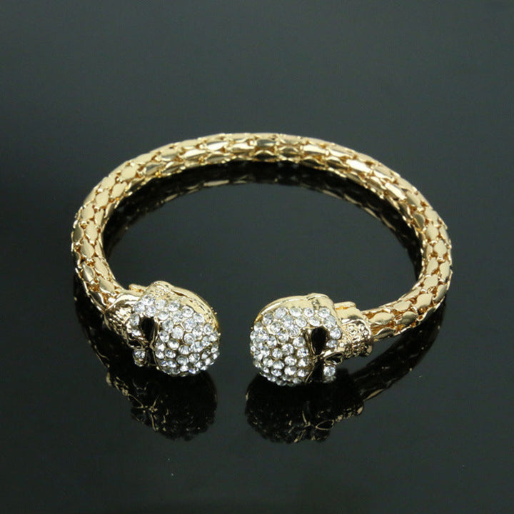 Shimmering Light-luxury Golden Skull Open Bangle Studded With Diamonds