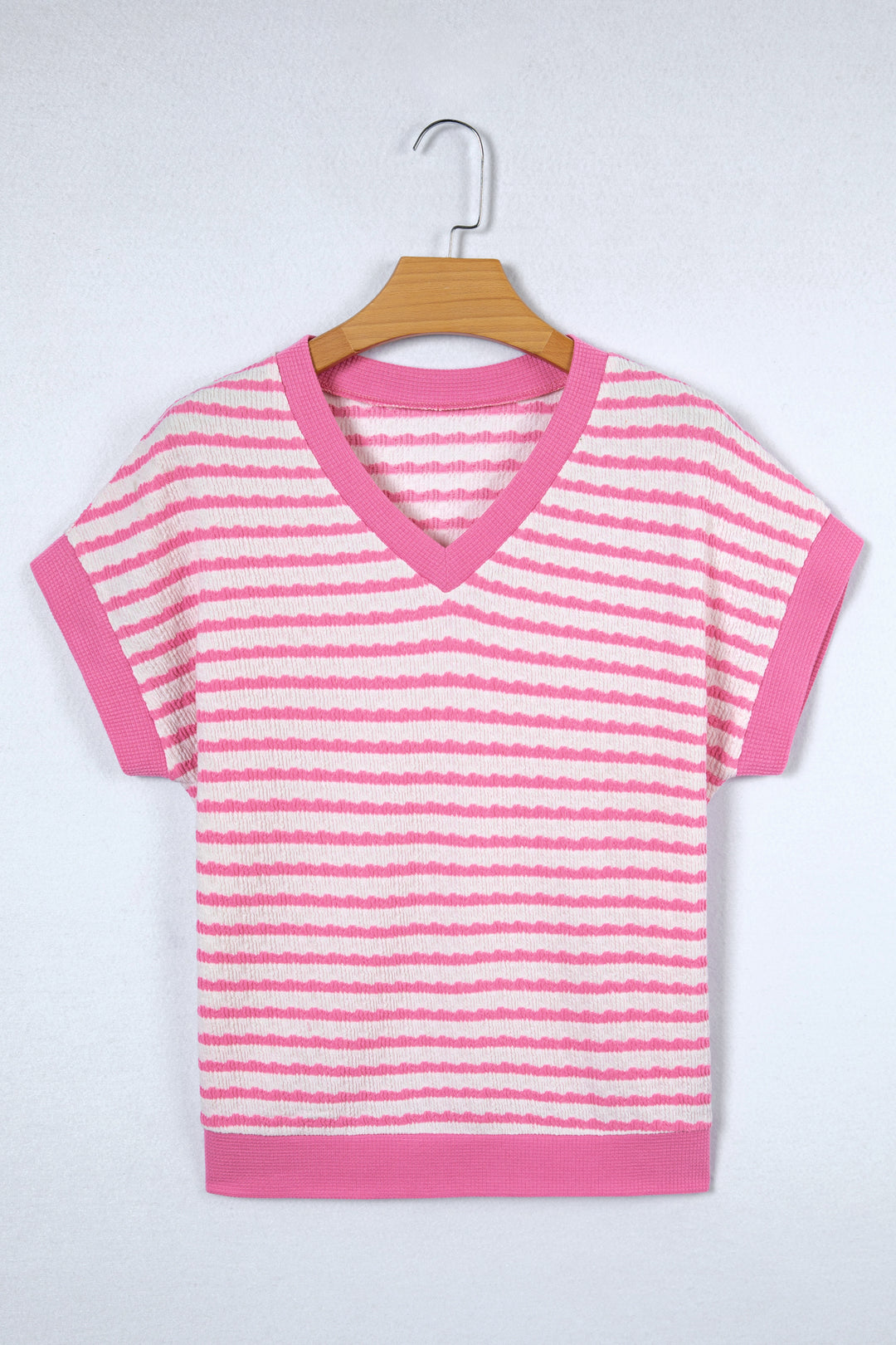 Pink Stripe Textured Knit Contrast Trim V Neck Short Sleeve Top