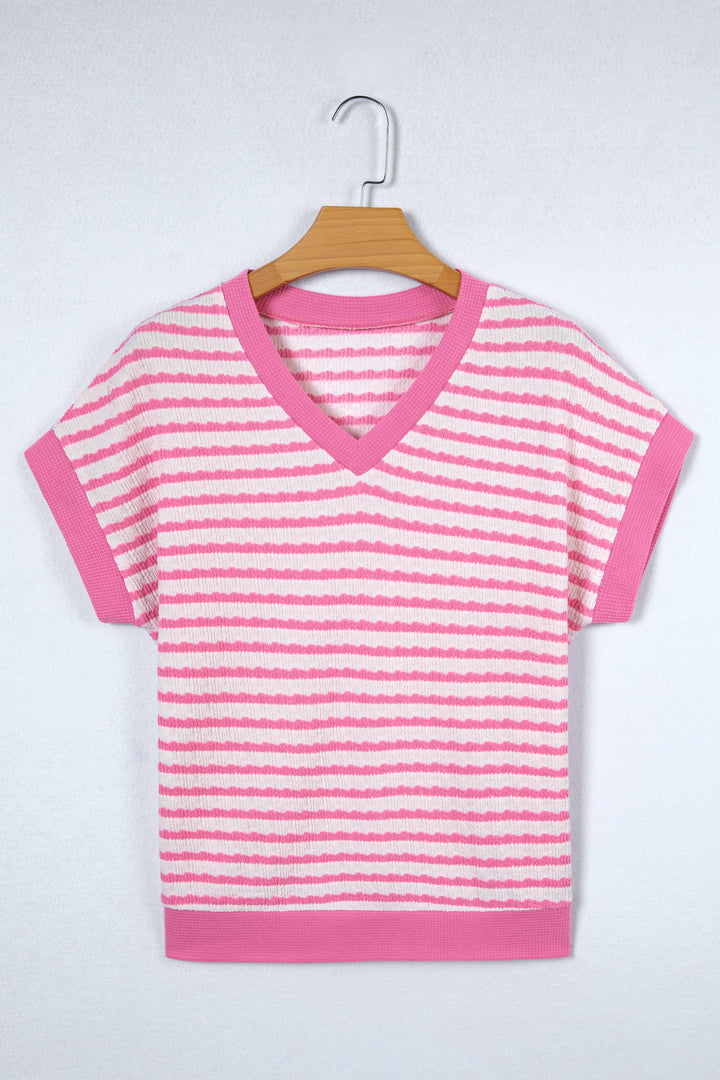 Pink Stripe Textured Knit Contrast Trim V Neck Short Sleeve Top