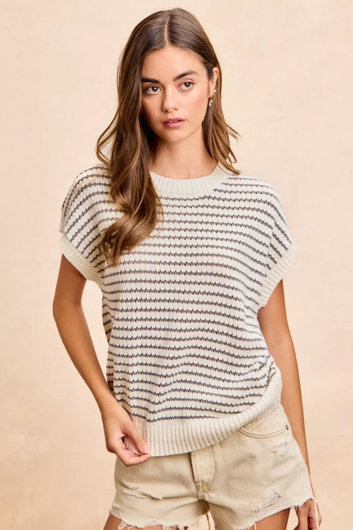 BiBi Pointelle Stripes Sleeveless Drop Shoulder Lightweight Sweater Top
