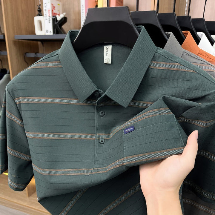 Mens Summer Striped Loose-Fit Lapel T-Shirt