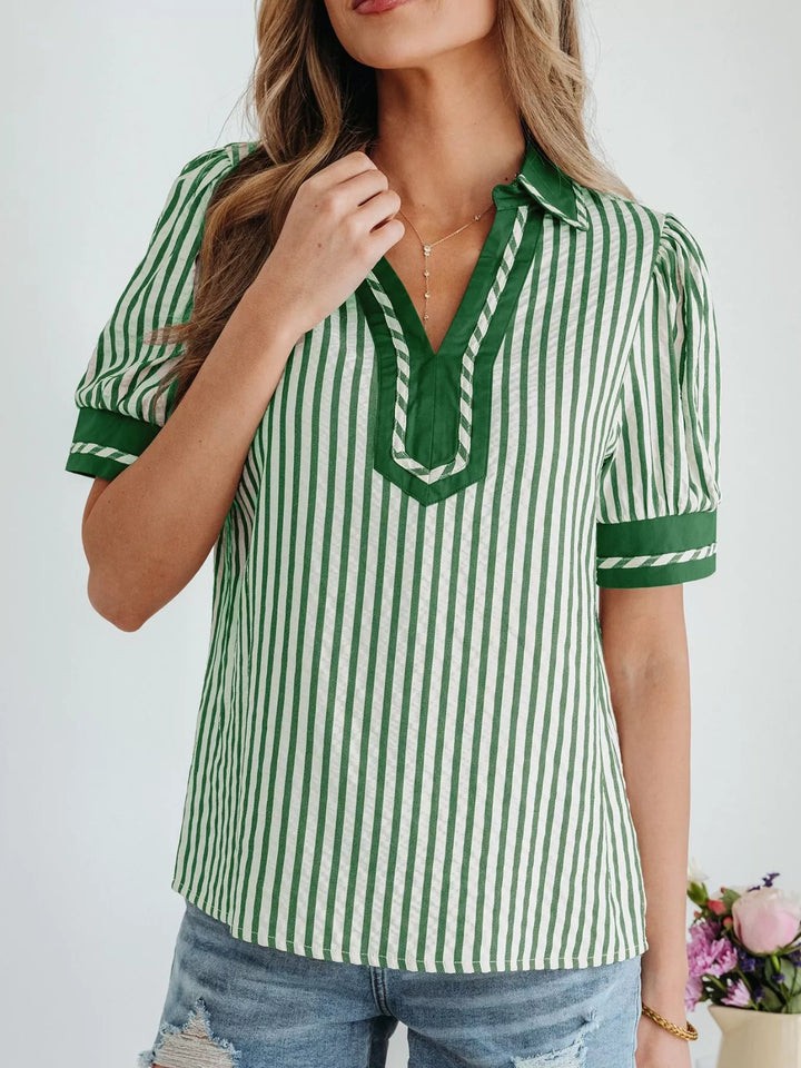 Stripe Collared Split Neck Short Bubble Sleeve Blouse
