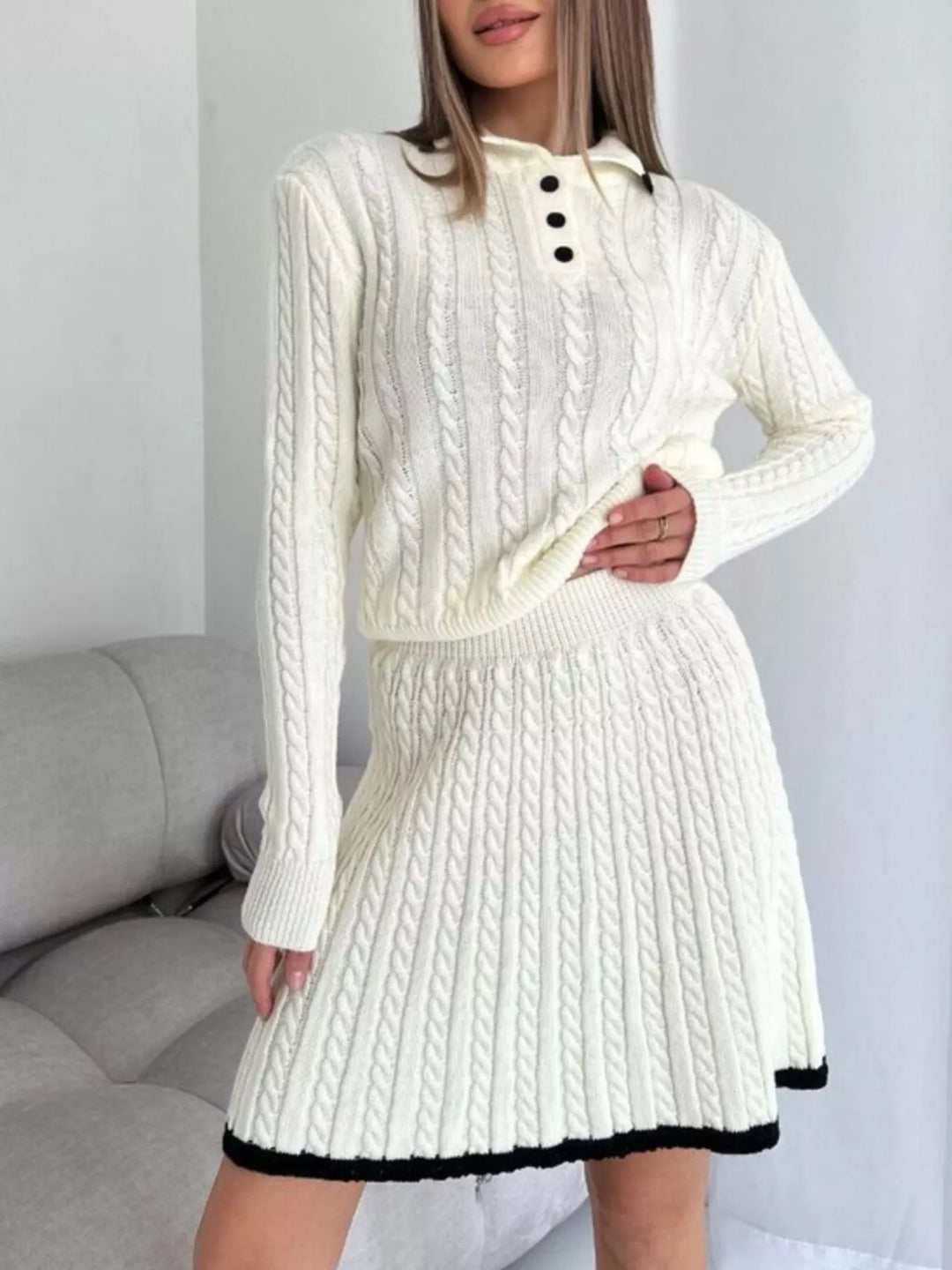 Cable Knit Long Sleeve Top and Skirt Sweater Set