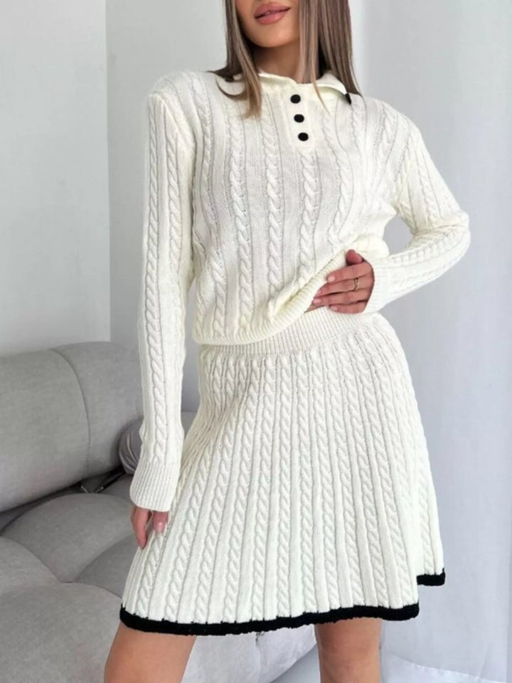 Cable Knit Long Sleeve Top and Skirt Sweater Set