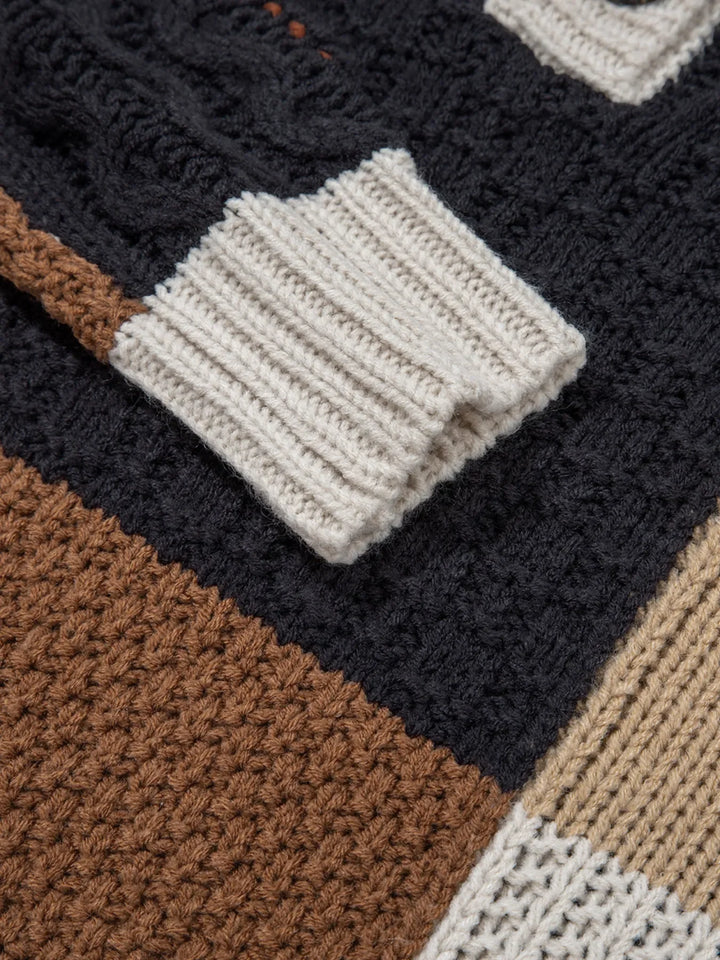 Multicolour Color Block Cable Knit Sleeve Buttons Collared Sweater