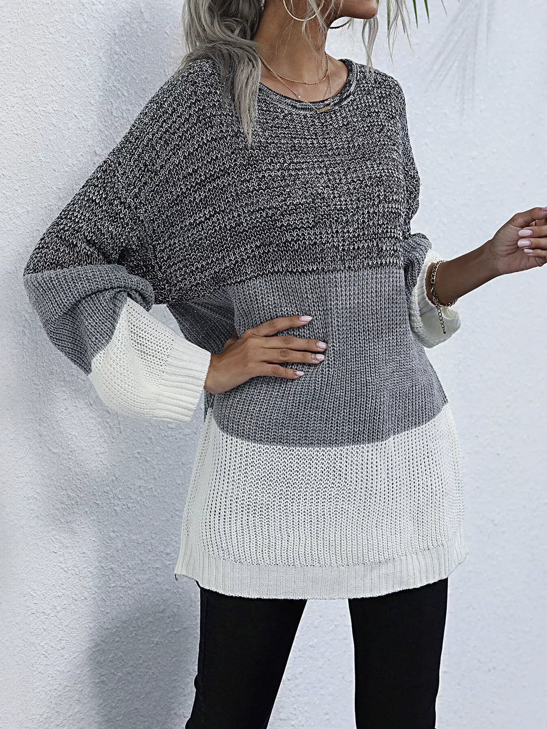 Color Block Round Neck Oversized Sweater