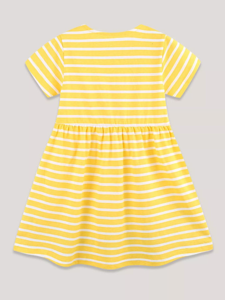 Children's Striped Bunny Embroidered Button-Front Dress