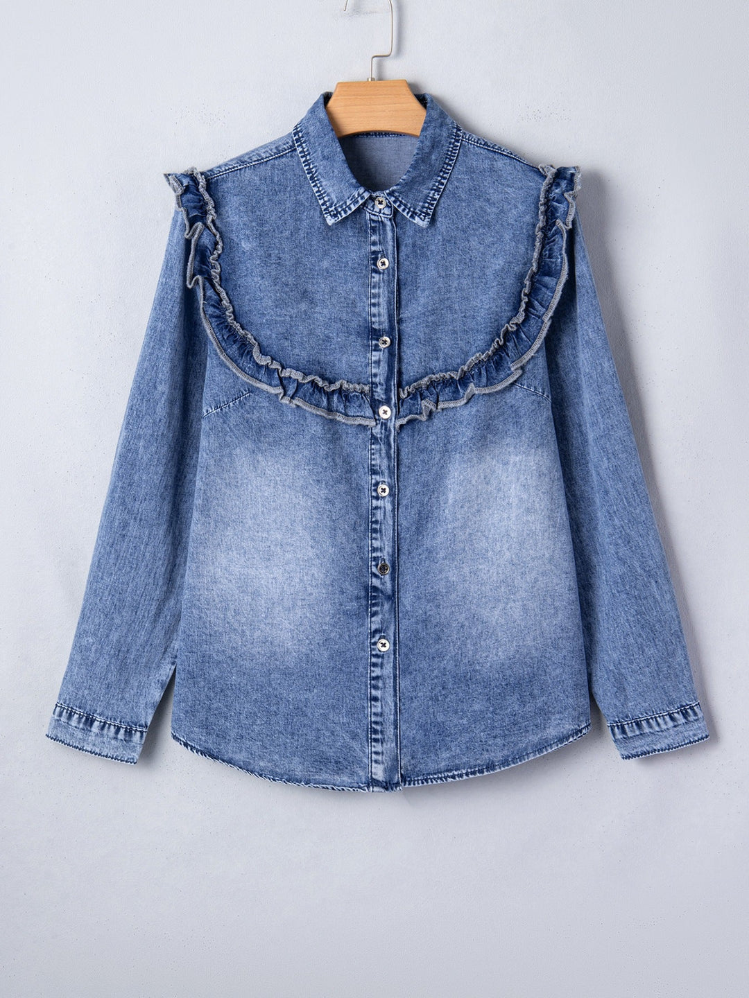 intage Wash Denim Ruffle Detail Button Down Shirt