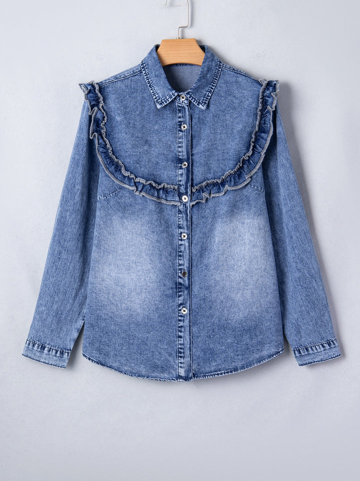intage Wash Denim Ruffle Detail Button Down Shirt