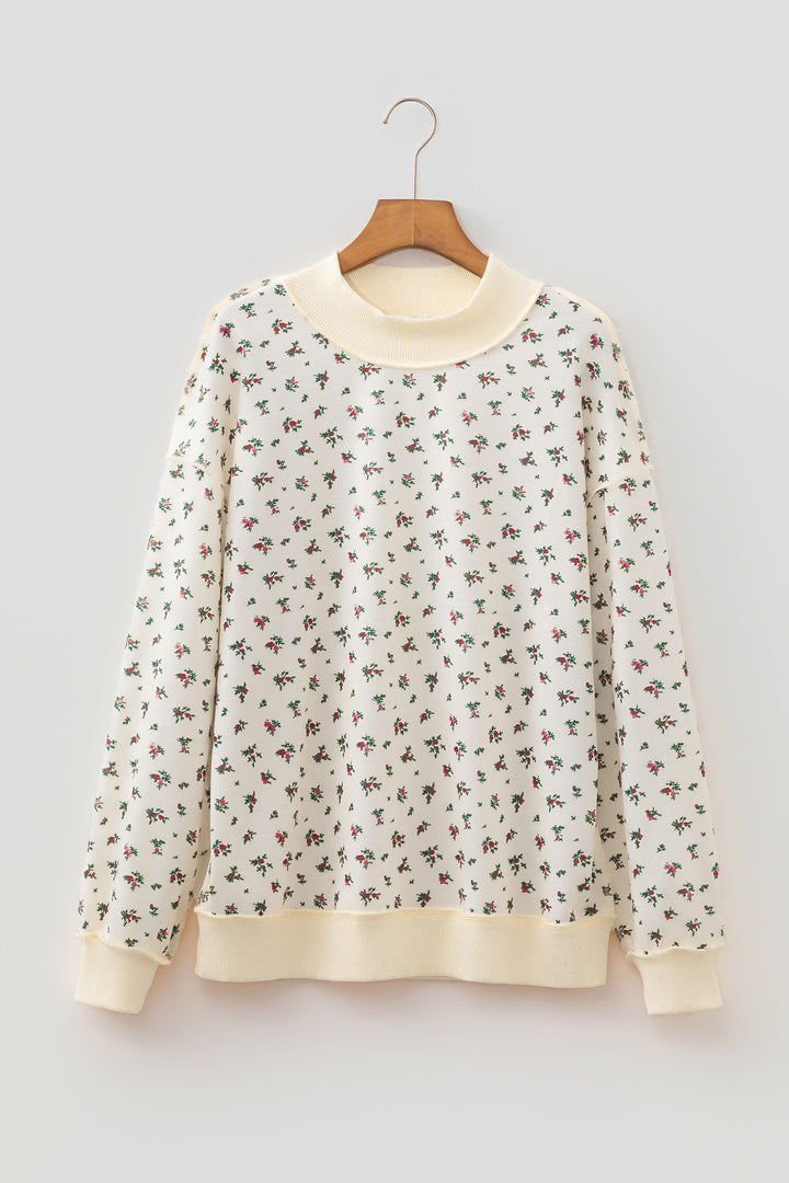 Beige Ribbed High Neck Patchwork Floral Print Baggy Pullover Sweatshirt