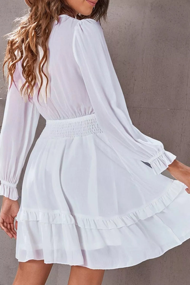 Elegant Tie-Front Ruffle Mini Dress with Smocked Wiast