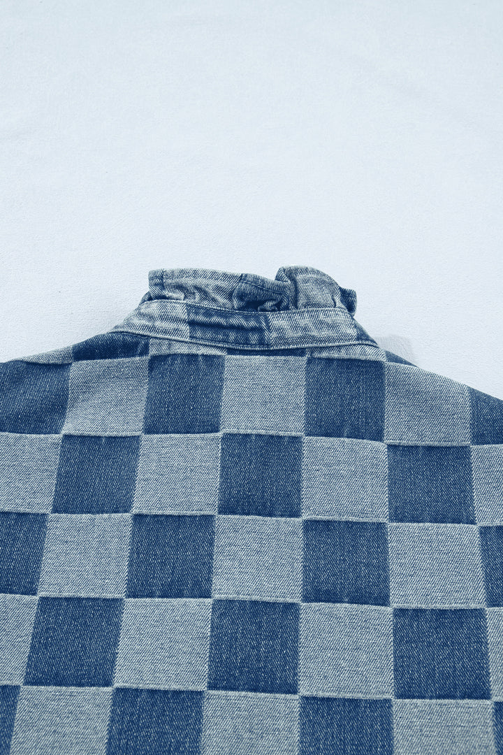 Beau Blue Checkered Ruffle Trim Button Down Denim Vest