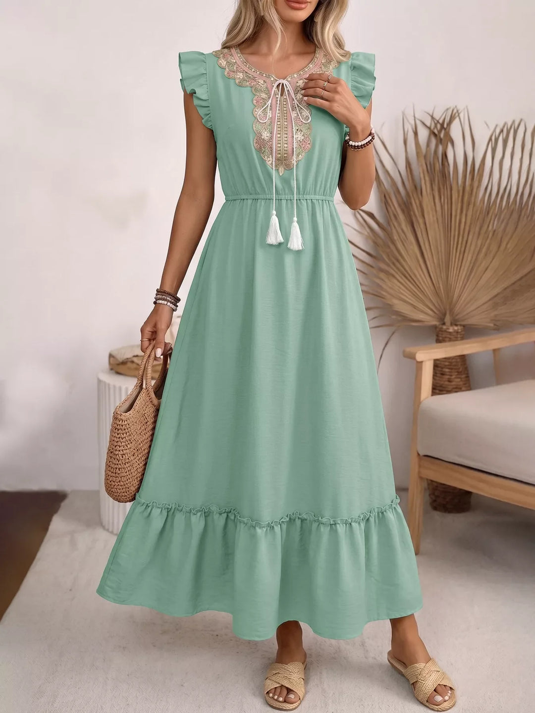 Tie Neck Ruffle Sleeve Maxi Dress